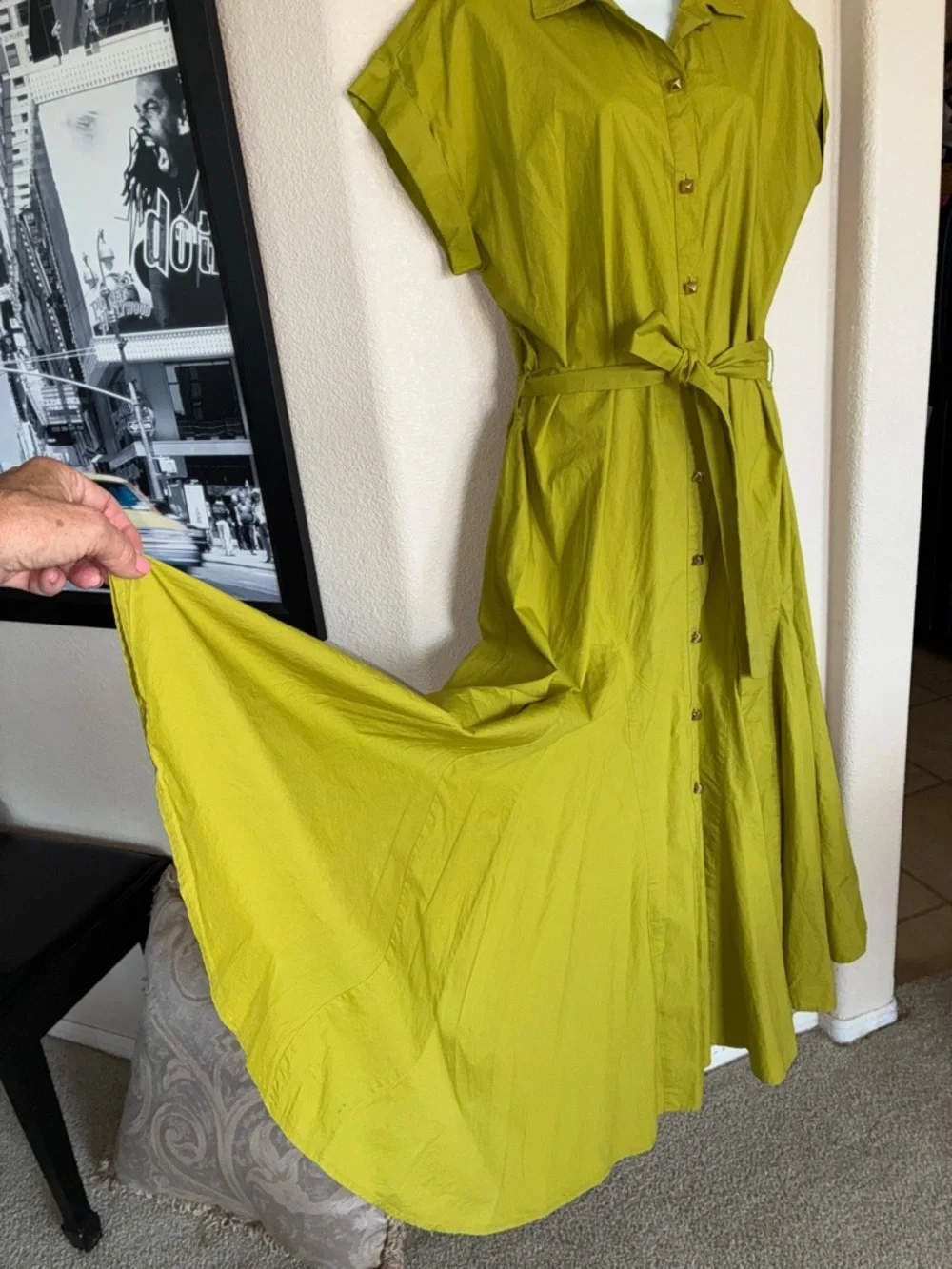 I.N.C. Dress, Women L, Chartreuse Green, Flared, Button front, 100% Cotton L EUC